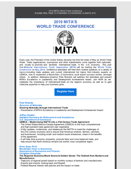 2019 MITA's World Trade Conference PLEASE FEEL FREE to FORWARD CO-WORKERS, CLIENTS, ETC