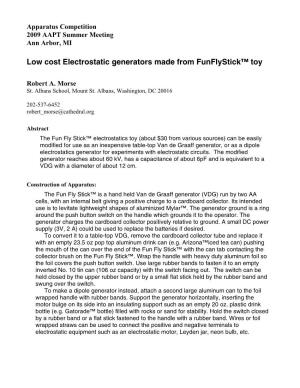 Low Cost Electrostatic Generators Made from Funflystick™ Toy
