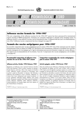 WEEKLY EPIDEMIOLOGICAL RECORD RELEVE EPIDEMIOLOGIQUE HEBDOMADAIRE 23 FEBRUARY 1996 C 71St YEAR 71E ANNÉE C 23 FÉVRIER 1996