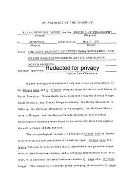 The Gene-Ecology of Crepis Nana Richardson and Crepis Elegans Hooker in Arctic and Alpine North America