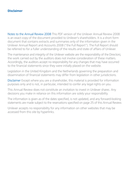 Annual Review 2008 This PDF Version of the Unilever Annual Review 2008 Is an Exact Copy of the Document Provided to Unilever’S Shareholders
