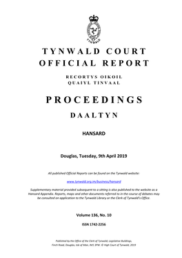PROCEEDINGS DAALTYN HANSARD Douglas, Tuesday, 9Th April 2019