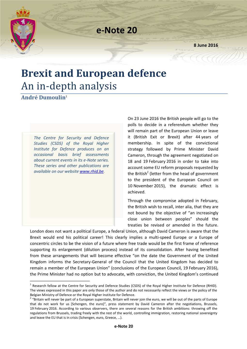 Brexit and European Defence an In-Depth Analysis André Dumoulin1