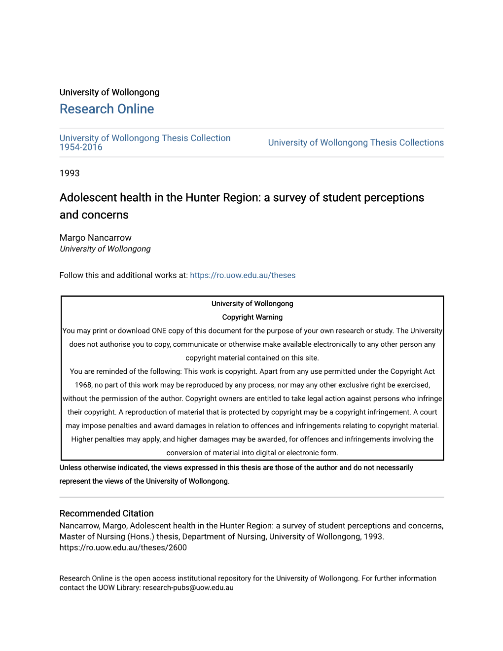 Adolescent Health in the Hunter Region: a Survey of Student Perceptions and Concerns