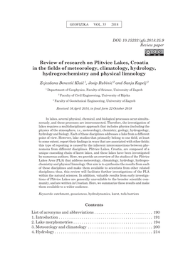 Review of Research on Plitvice Lakes, Croatia in the Fields of Meteorology, Climatology, Hydrology, Hydrogeochemistry and Physical Limnology