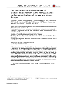 ASNC INFORMATION STATEMENT the Role and Clinical Effectiveness of Multimodality Imaging in the Management of Cardiac Complicatio