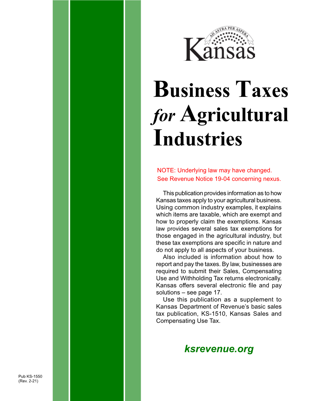 Pub. KS-1550 Business Taxes for Agricultural Industries Rev