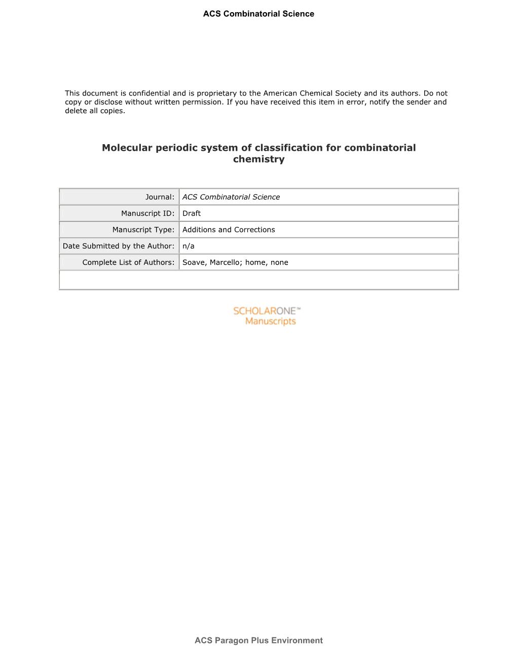 Molecular Periodic System of Classification for Combinatorial Chemistry