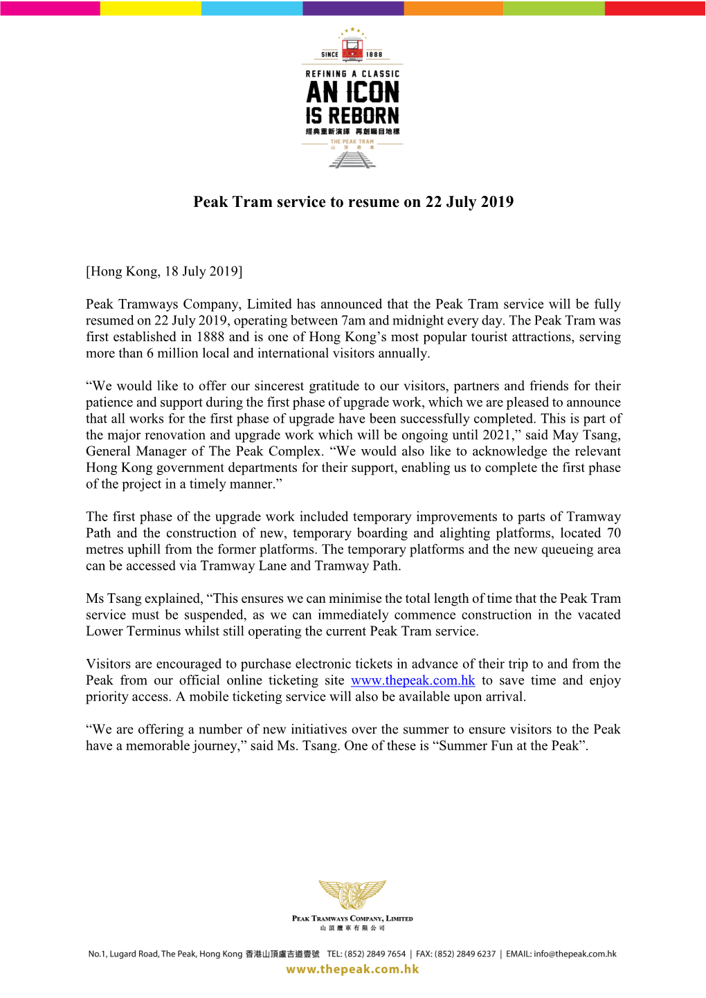 Peak Tram Service to Resume on 22 July 2019