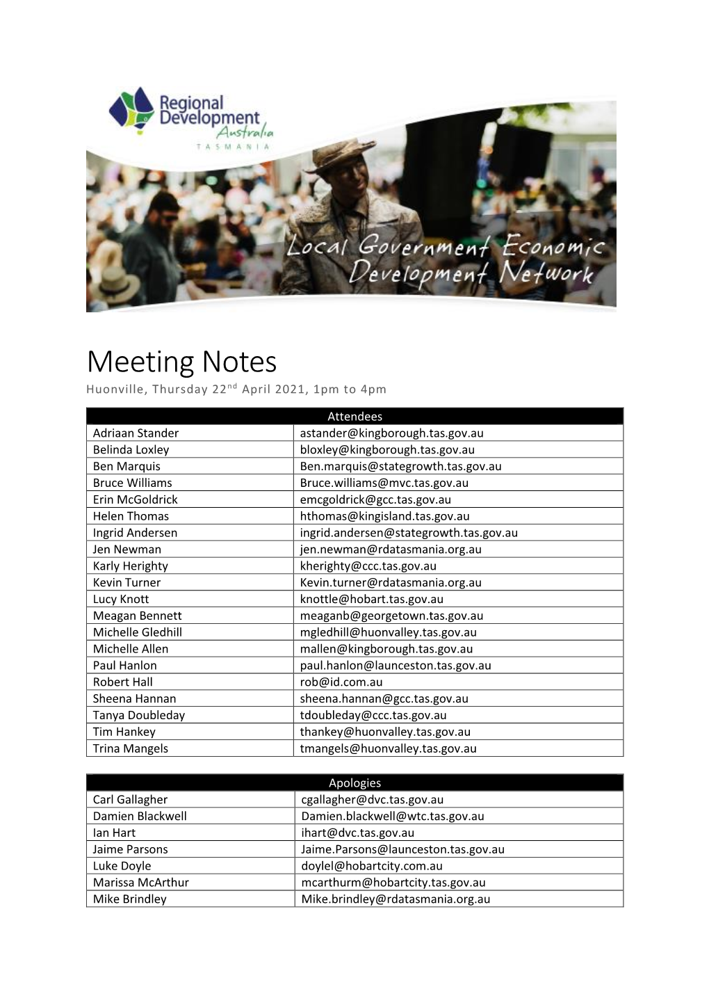 Meeting Notes Huonville, Thursday 22 Nd April 2021, 1Pm to 4Pm