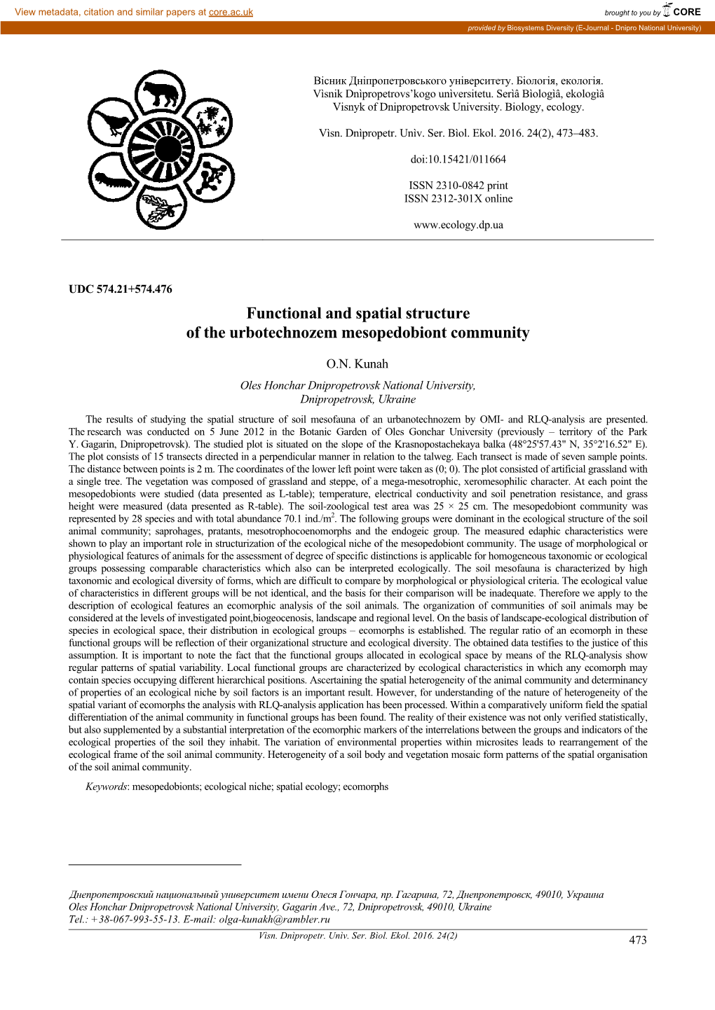 Functional and Spatial Structure of the Urbotechnozem Mesopedobiont Community