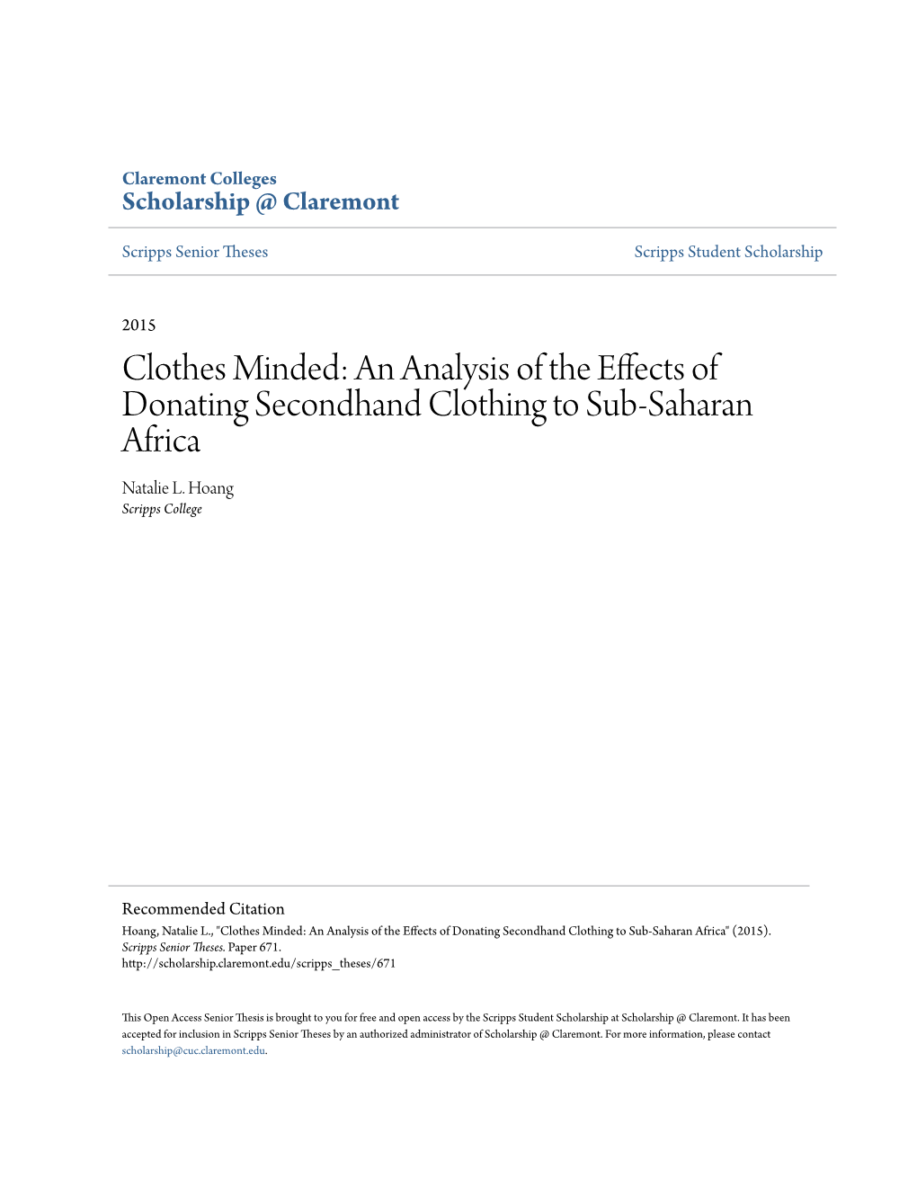 Clothes Minded: an Analysis of the Effects of Donating Secondhand Clothing to Sub-Saharan Africa Natalie L