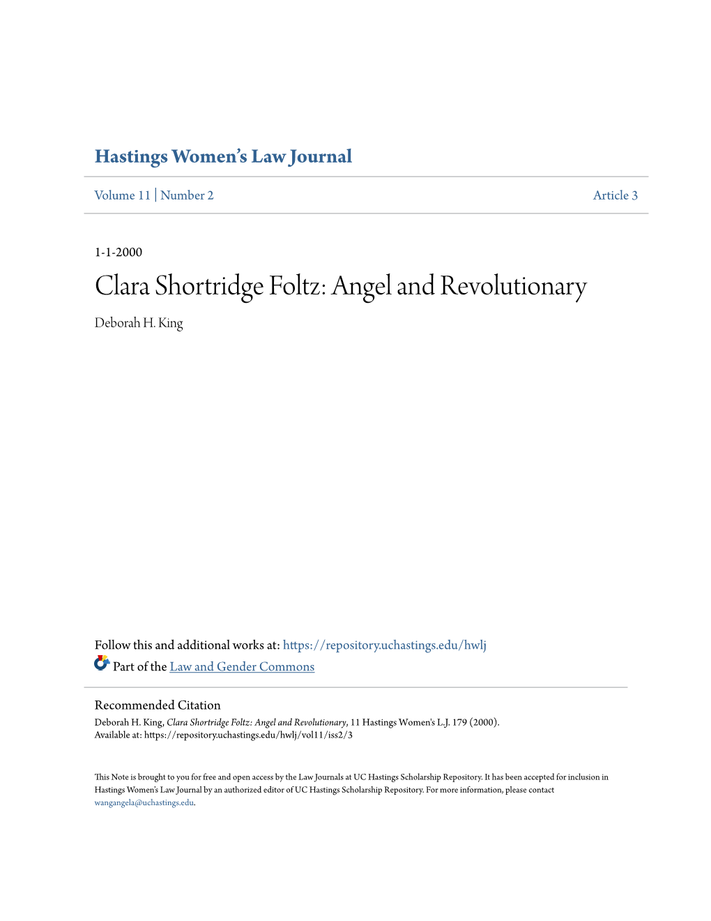 Clara Shortridge Foltz: Angel and Revolutionary Deborah H