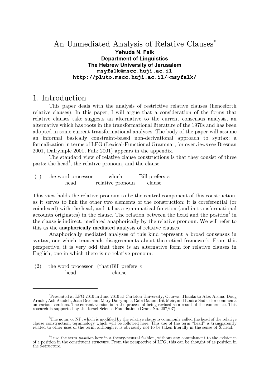 An Unmediated Analysis of Relative Clauses Yehuda N