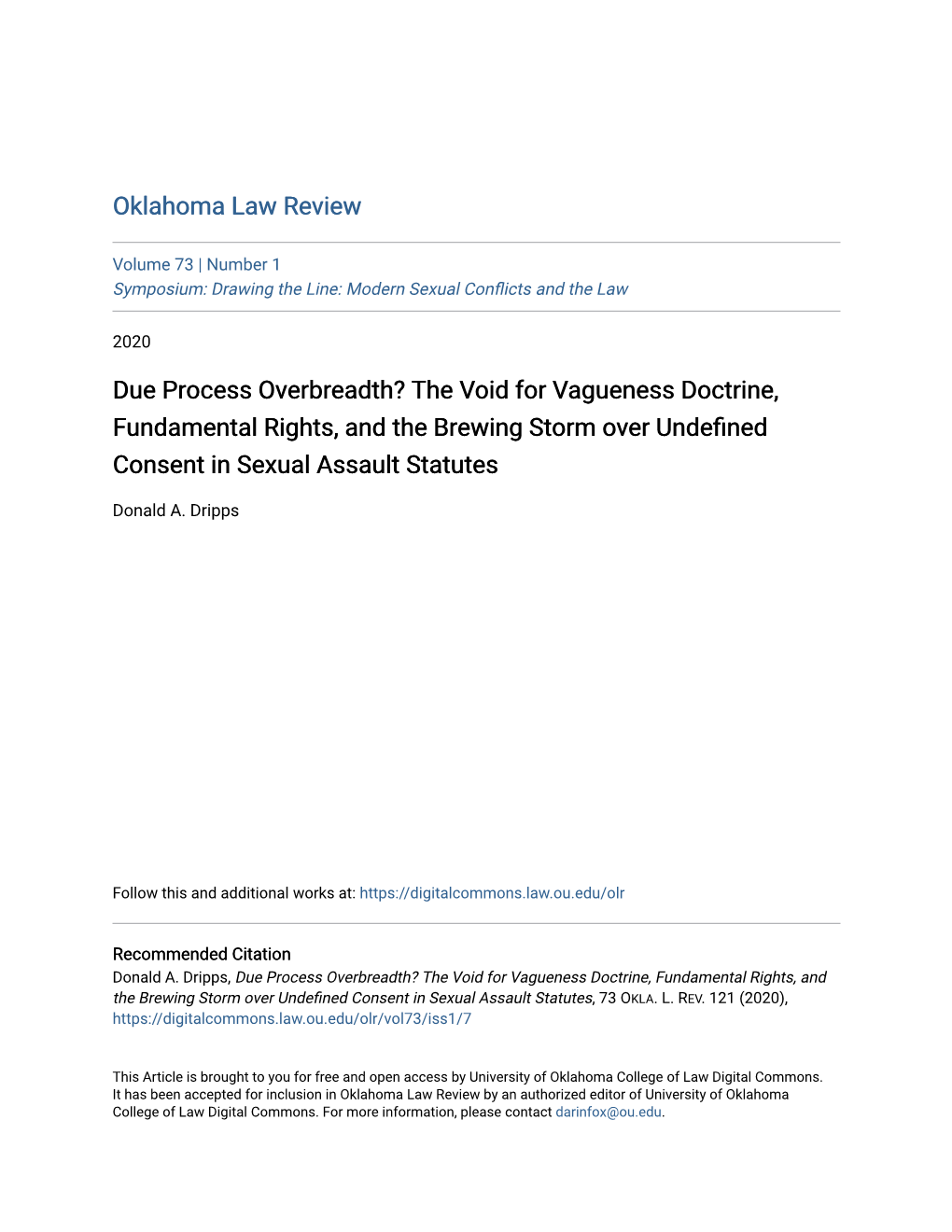 Due Process Overbreadth? the Void for Vagueness Doctrine, Fundamental Rights, and the Brewing Storm Over Undefined Consent in Sexual Assault Statutes