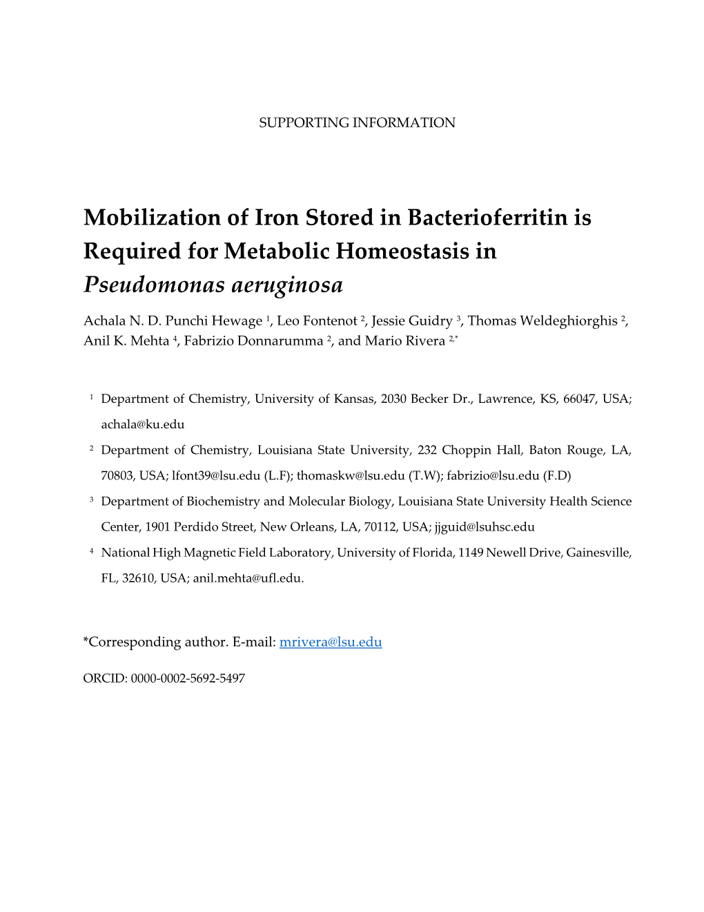 Mobilization of Iron Stored in Bacterioferritin Is Required for Metabolic Homeostasis in Pseudomonas Aeruginosa