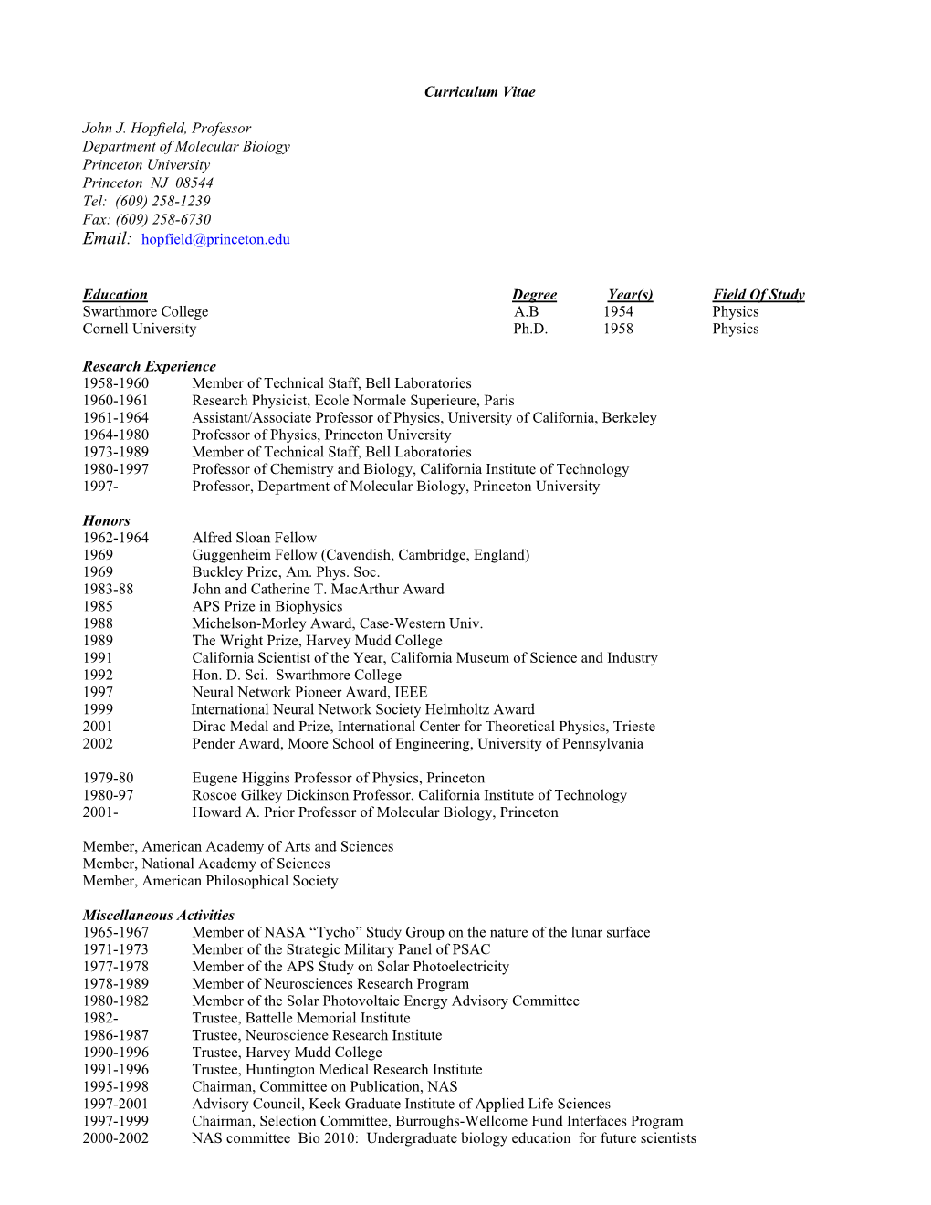 Curriculum Vitae John J. Hopfield