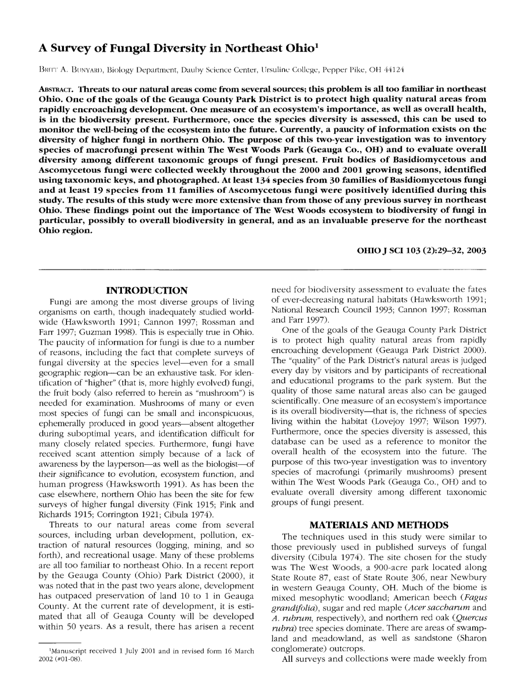 A Survey of Fungal Diversity in Northeast Ohio1