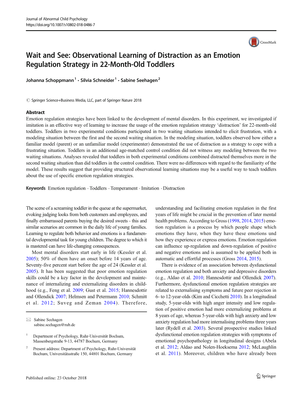 Observational Learning of Distraction As an Emotion Regulation Strategy in 22-Month-Old Toddlers