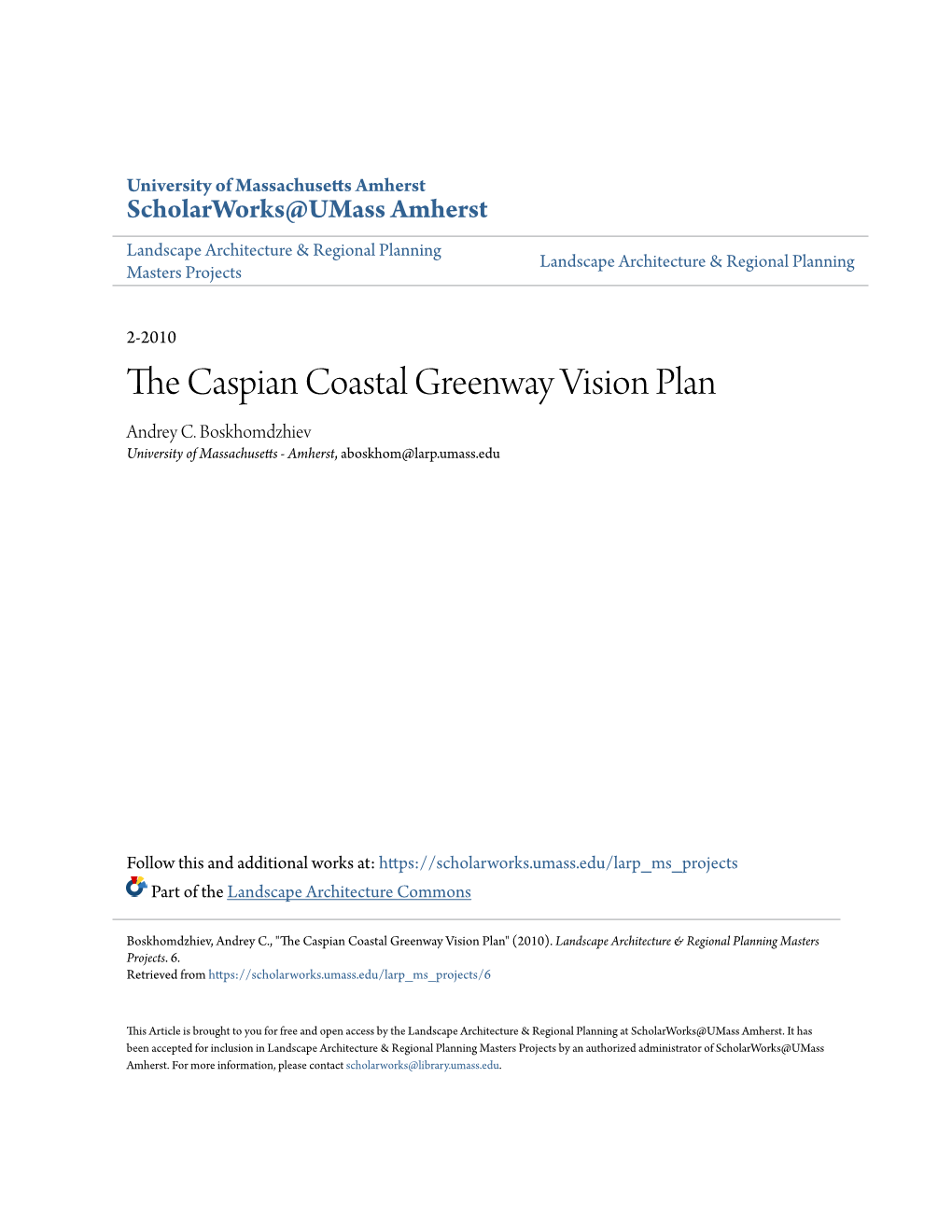 The Caspian Coastal Greenway Vision Plan Master’S Project