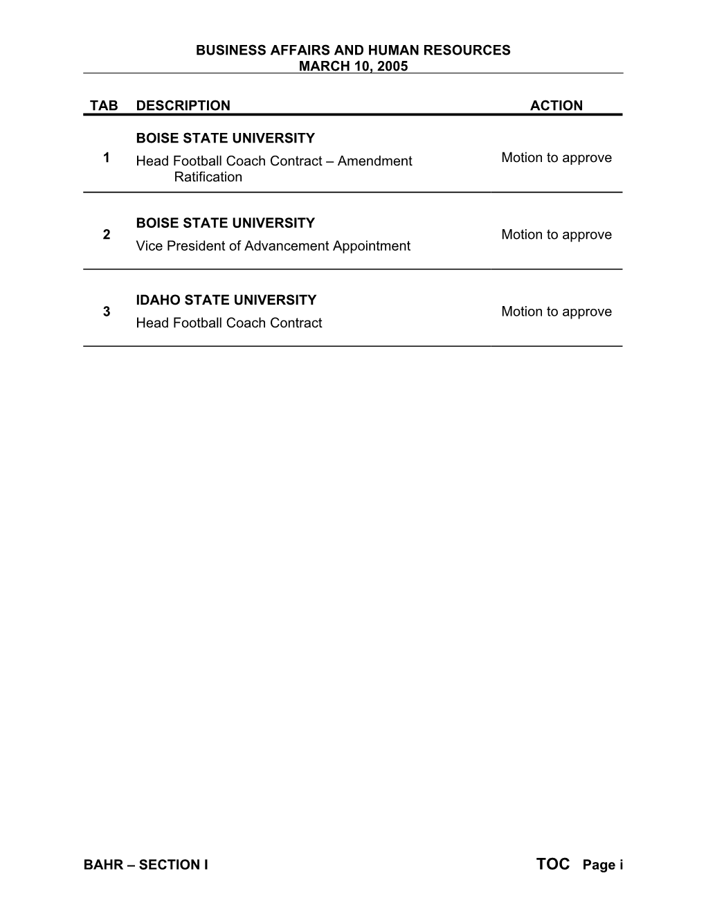 Business Affairs and Human Resources March 10, 2005