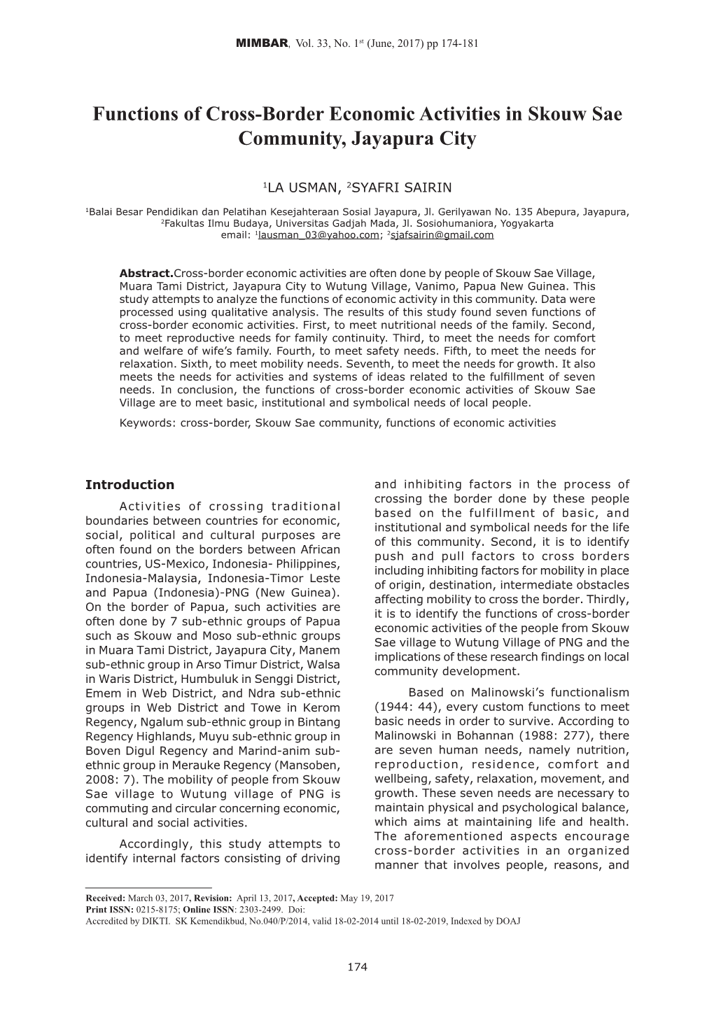 Functions of Cross-Border Economic Activities in Skouw Sae Community, Jayapura City