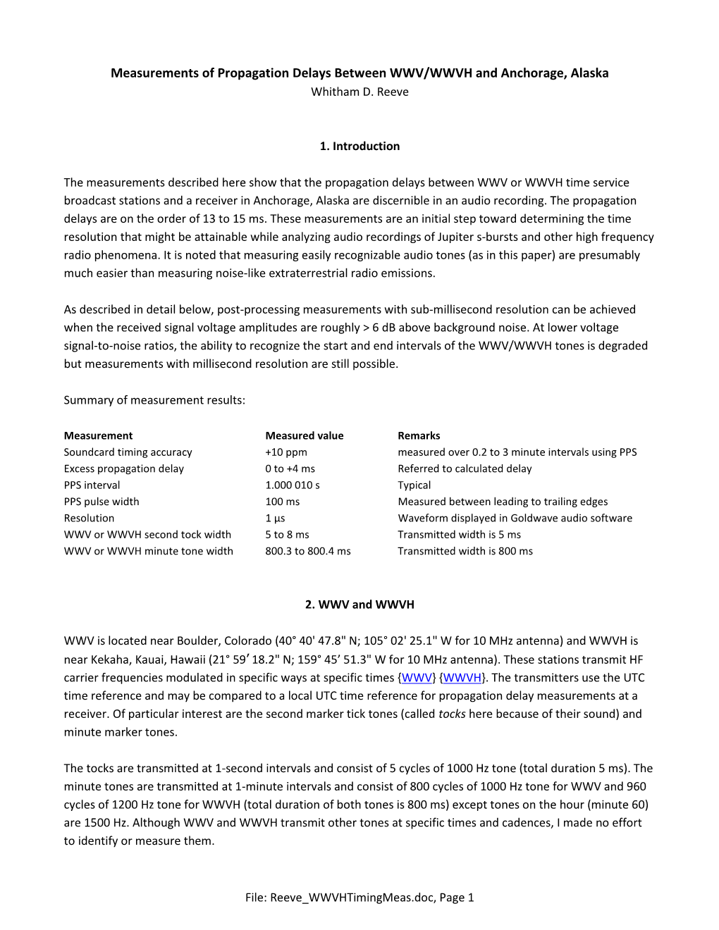 Measurements of Propagation Delays Between WWV/WWVH and Anchorage, Alaska Whitham D