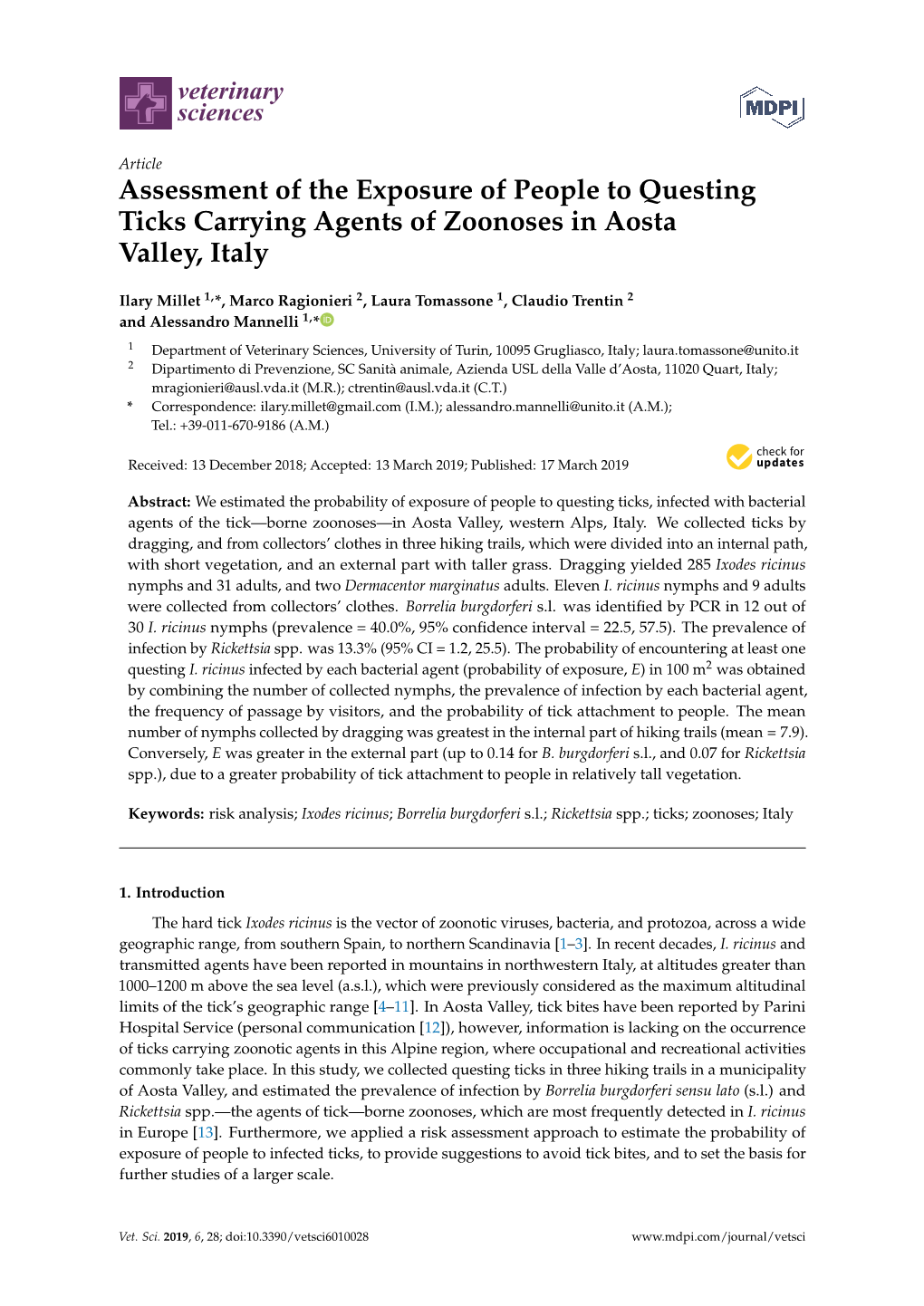 Assessment of the Exposure of People to Questing Ticks Carrying Agents of Zoonoses in Aosta Valley, Italy