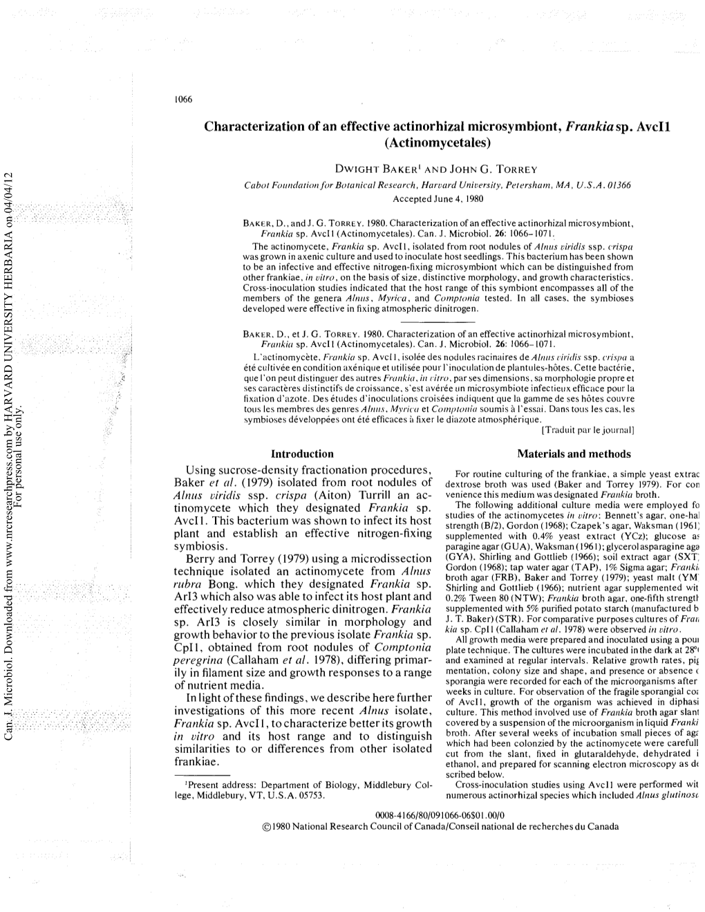 Characterization of an Effective Actinorhizal Microsymbiont, Frankia Sp. Avci1 (Actinomycetales)