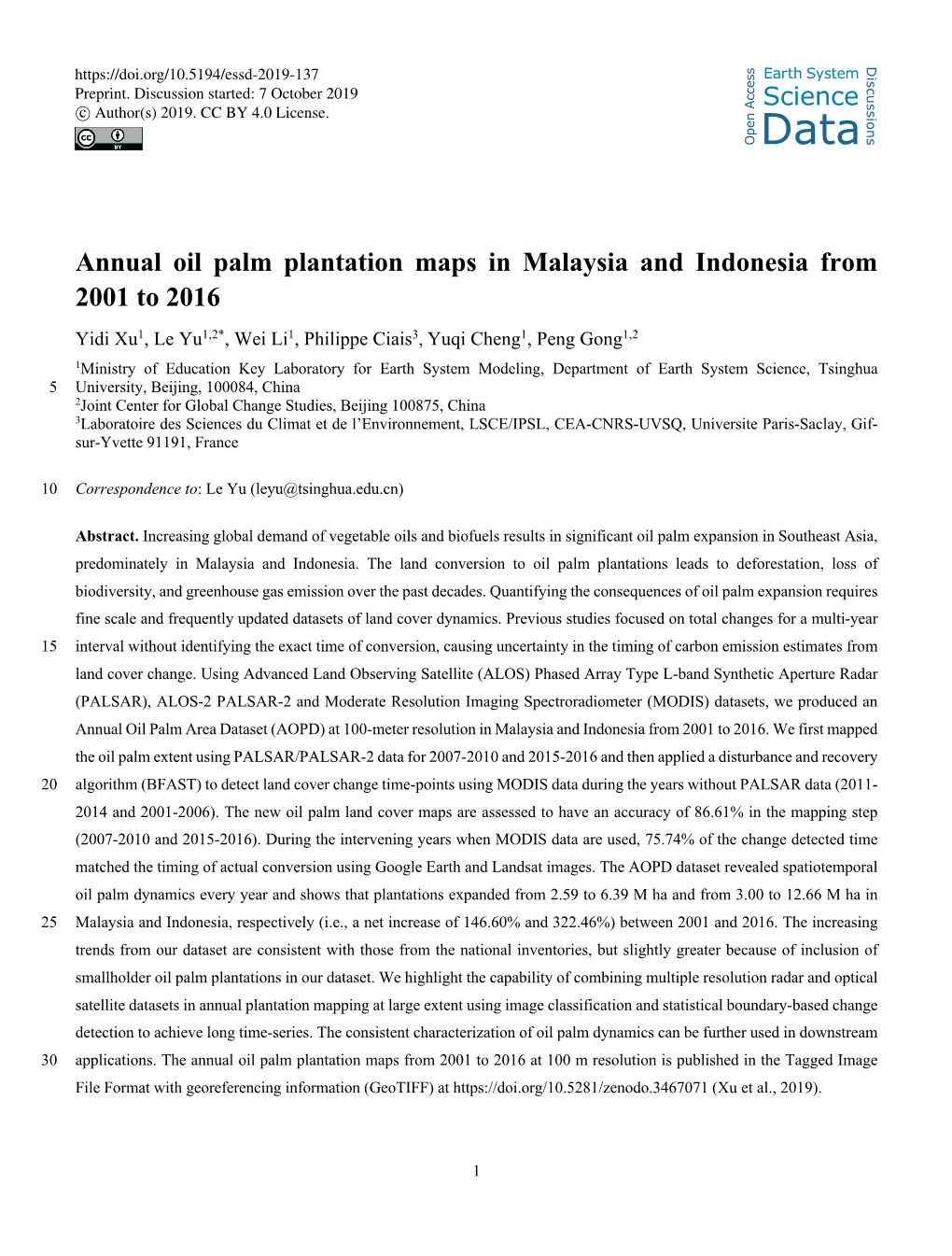 Annual Oil Palm Plantation Maps in Malaysia and Indonesia from 2001 to 2016