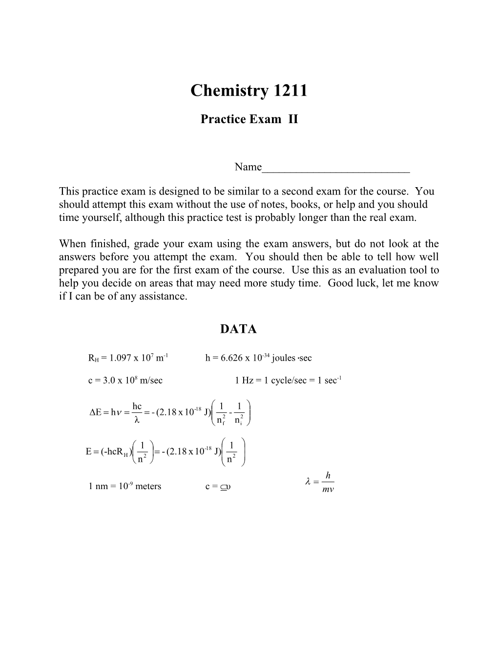 Chemistry 1211 Practice Exam II Page 9