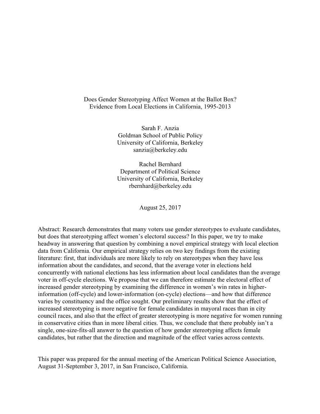 Does Gender Stereotyping Affect Women at the Ballot Box? Evidence from Local Elections in California, 1995-2013