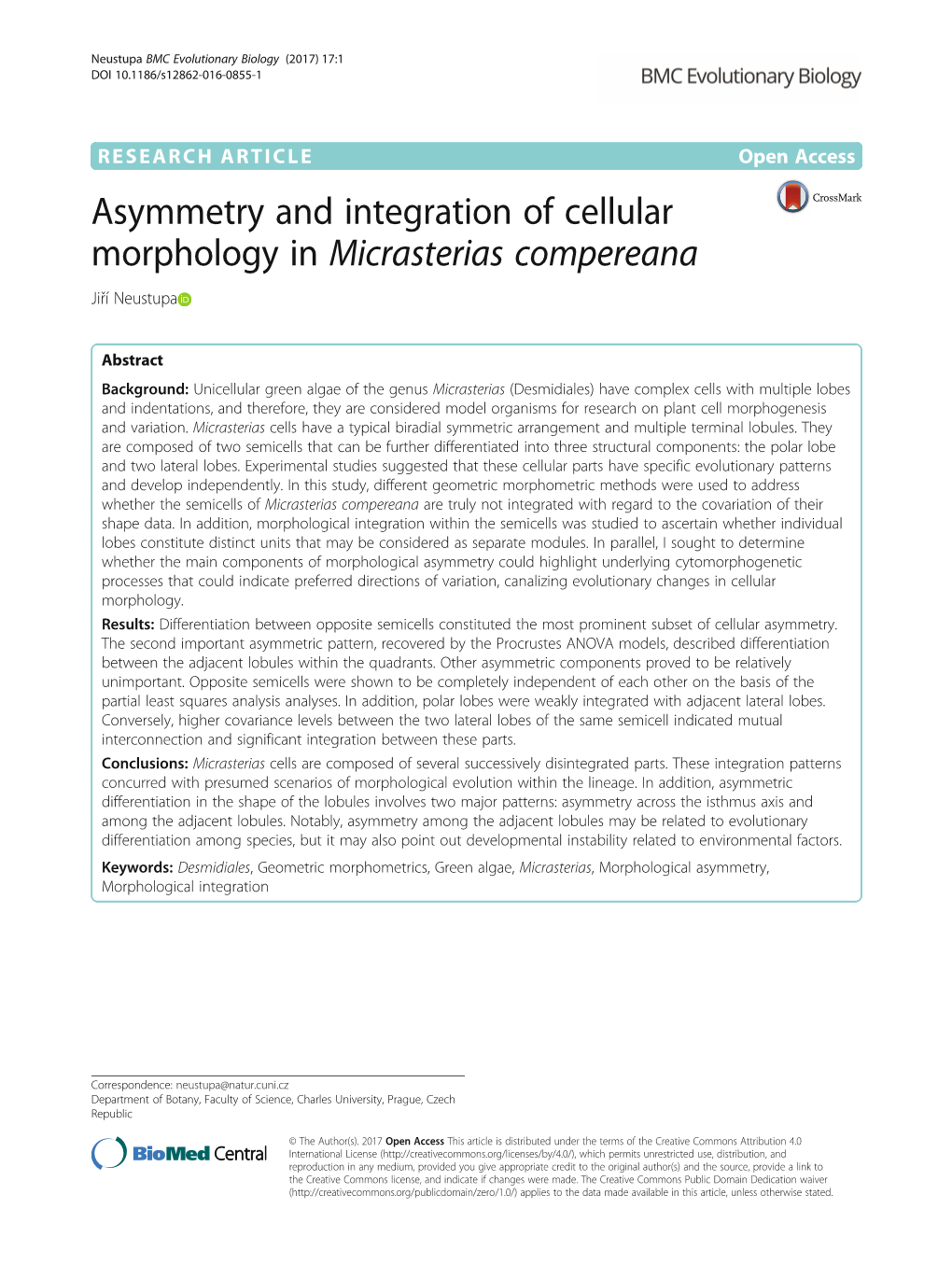 Asymmetry and Integration of Cellular Morphology in Micrasterias Compereana Jiří Neustupa