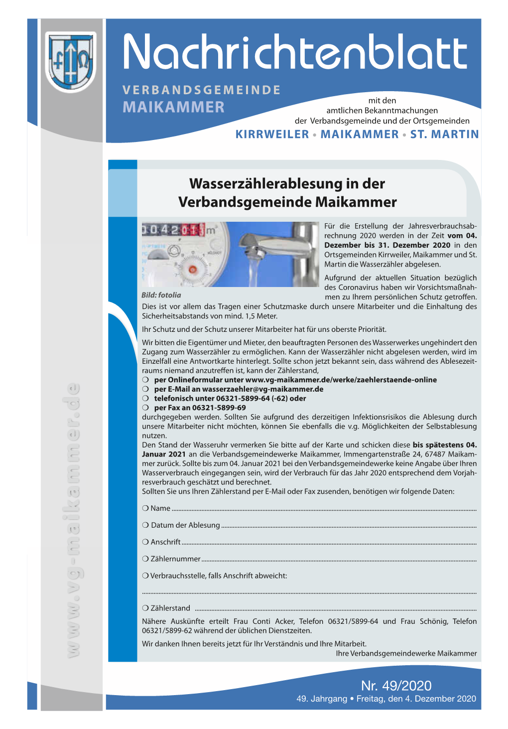 Nachrichtenblatt Verbandsgemeinde Mit Den Maikammer Amtlichen Bekanntmachungen Der Verbandsgemeinde Und Der Ortsgemeinden Kirrweiler • Maikammer • St