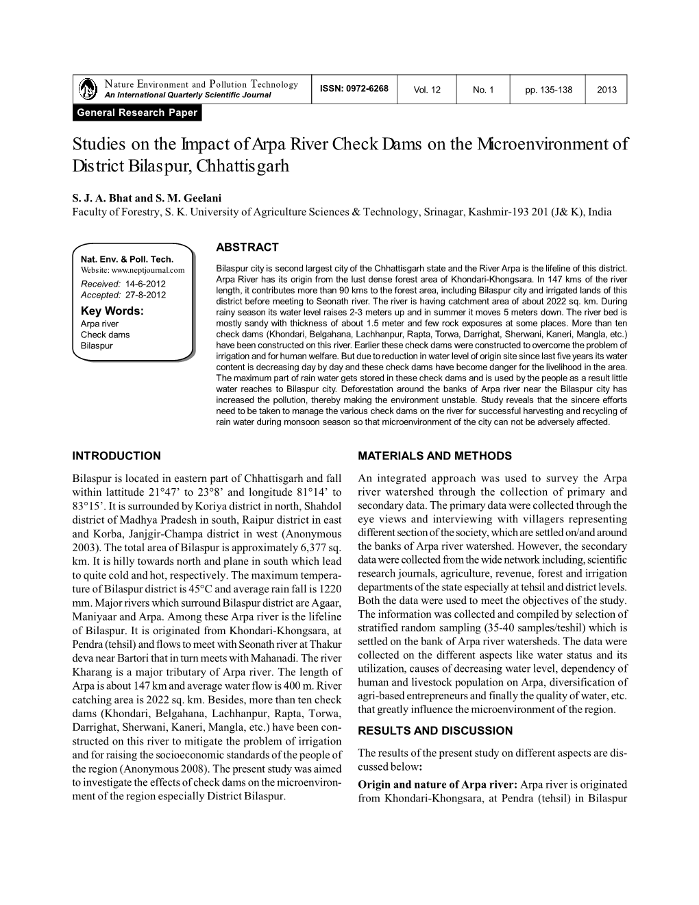 Studies on the Impact of Arpa River Check Dams on the Microenvironment of District Bilaspur, Chhattisgarh