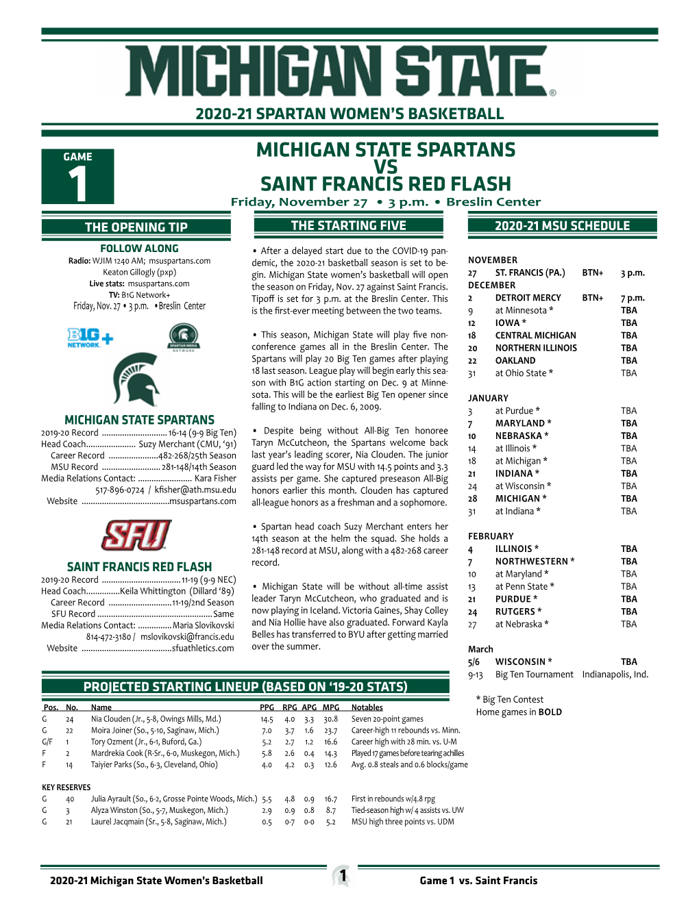 MICHIGAN STATE SPARTANS VS SAINT FRANCIS RED FLASH 1 Friday, November 27 • 3 P.M