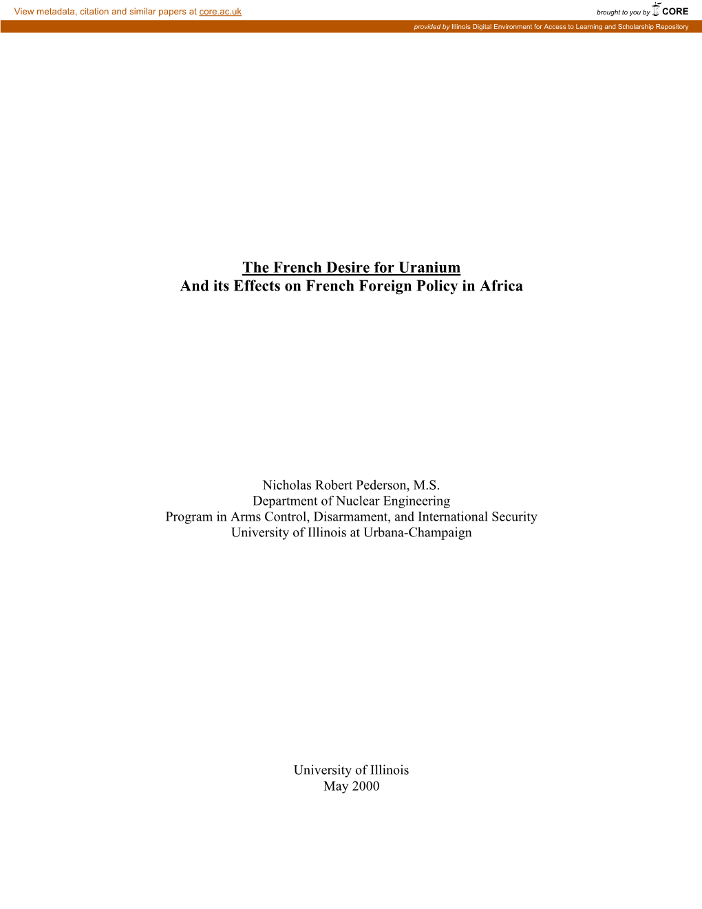 The French Desire for Uranium and Its Effects on French Foreign Policy in Africa