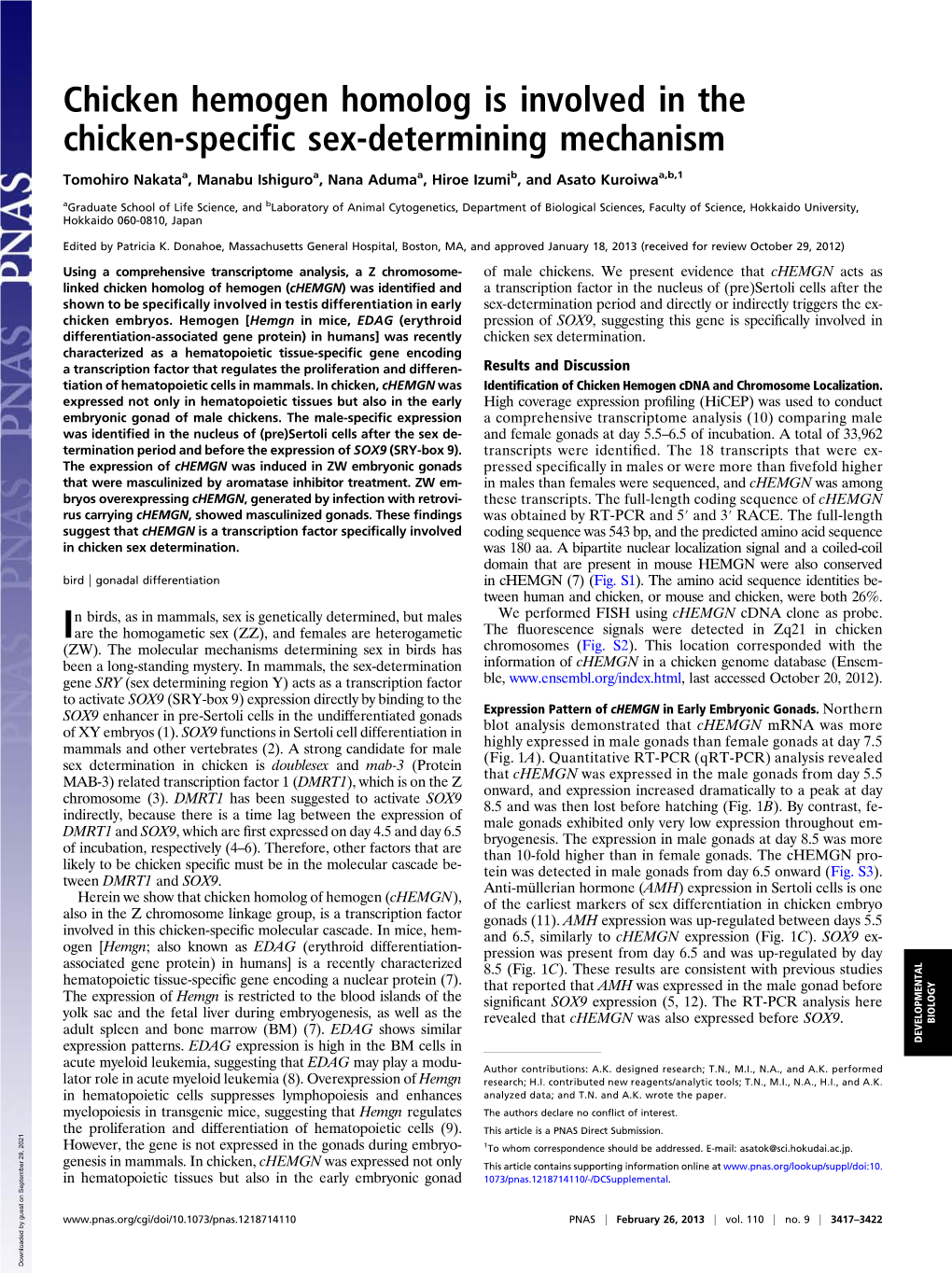 Chicken Hemogen Homolog Is Involved in the Chicken-Specific Sex