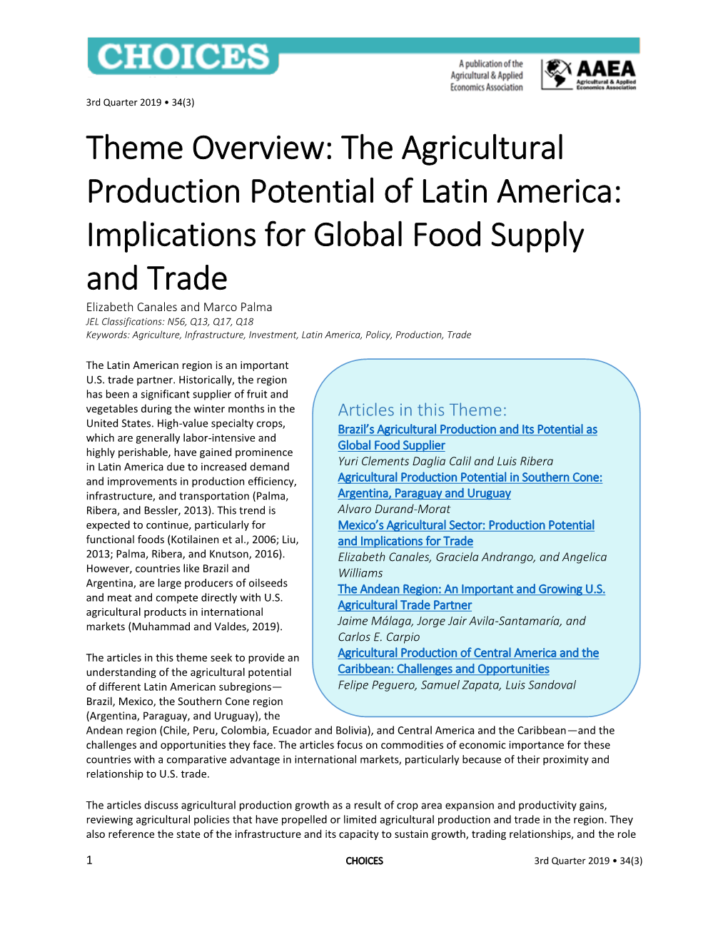 Theme Overview: the Agricultural Production Potential of Latin America: Implications for Global Food Supply and Trade