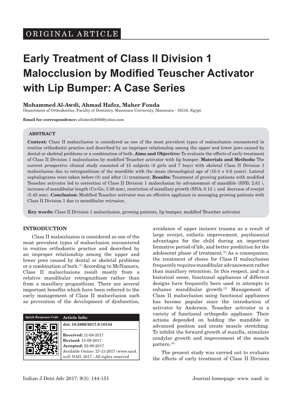 Early Treatment of Class II Division 1 Malocclusion by Modified Teuscher Activator with Lip Bumper: a Case Series
