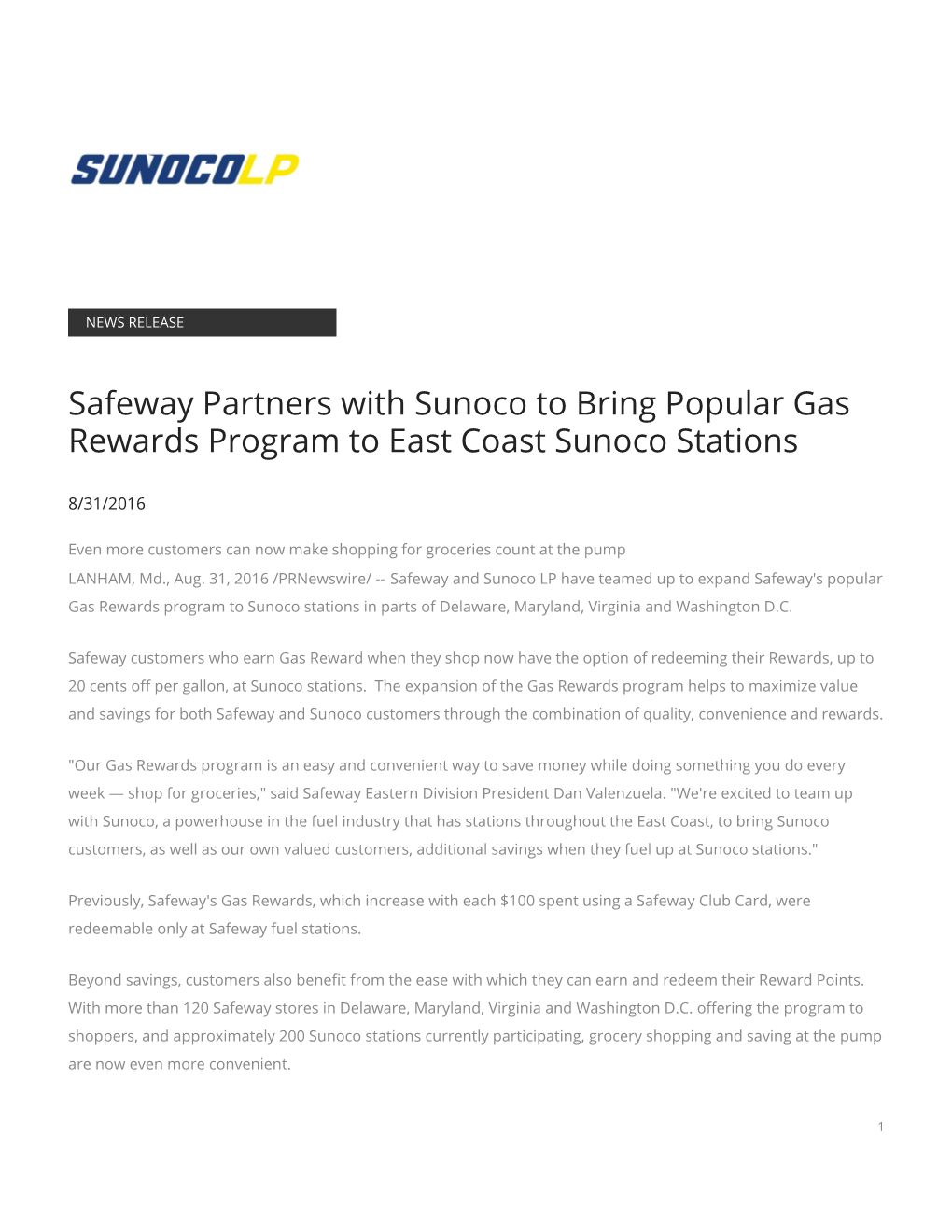 Safeway Partners with Sunoco to Bring Popular Gas Rewards Program to East Coast Sunoco Stations