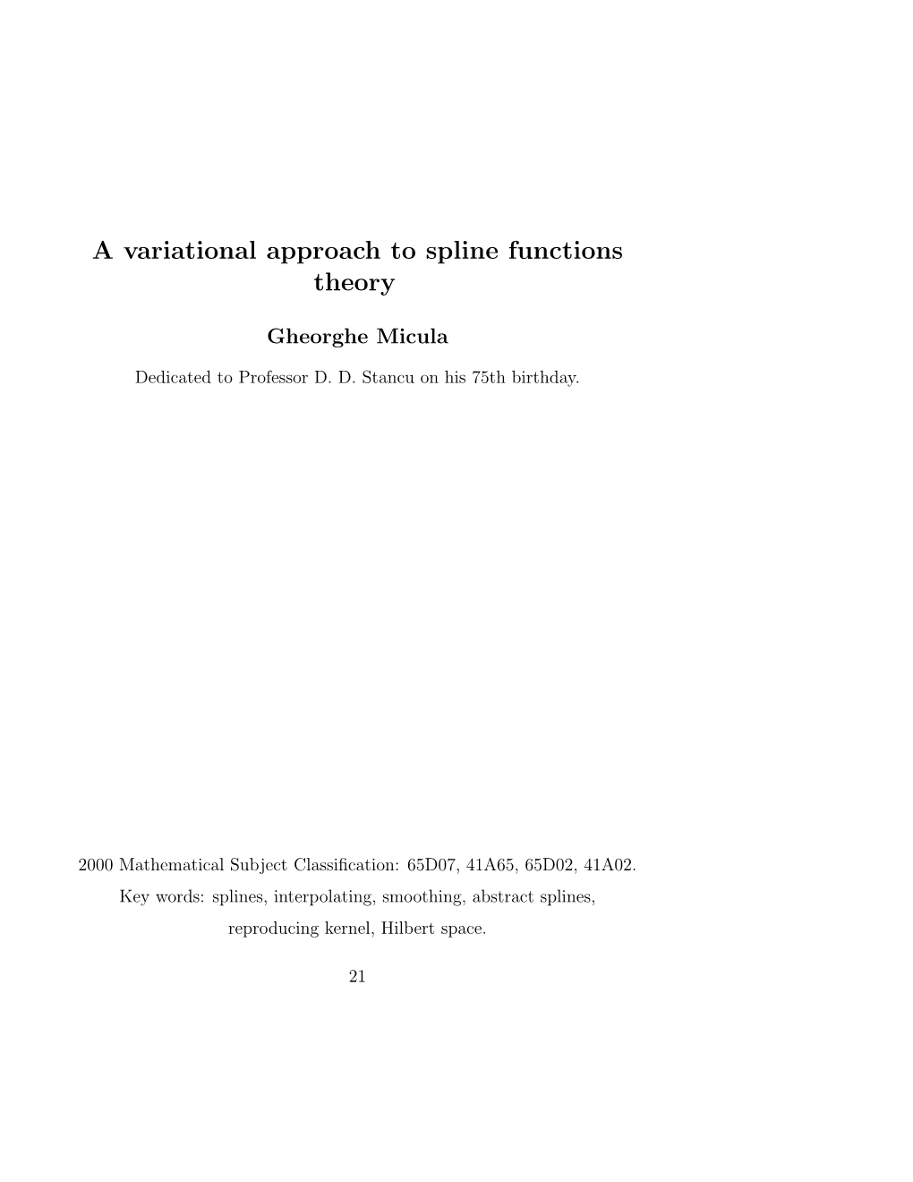 A Variational Approach to Spline Functions Theory