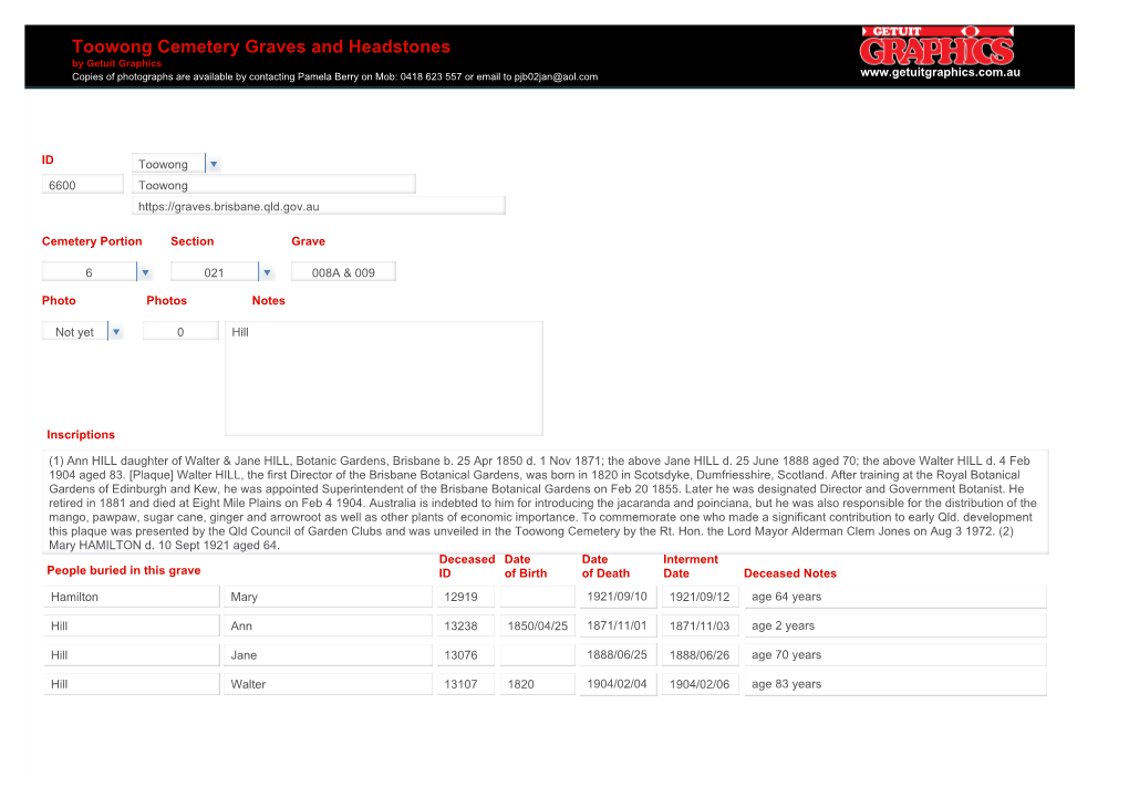 Toowong Cemetery Graves and Headstones