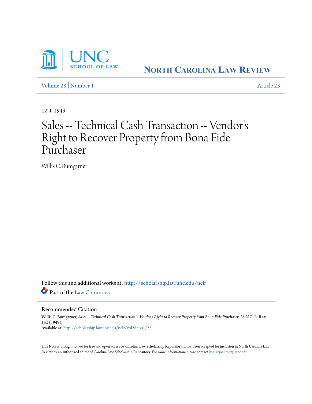 Sales -- Technical Cash Transaction -- Vendor's Right to Recover Property from Bona Fide Purchaser Willis C