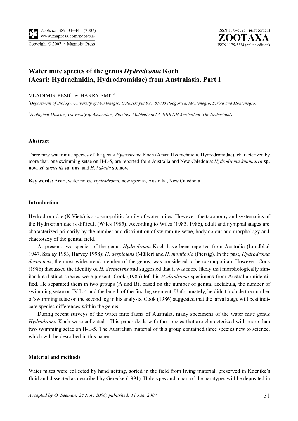 Zootaxa: Water Mite Species of the Genus Hydrodroma Koch