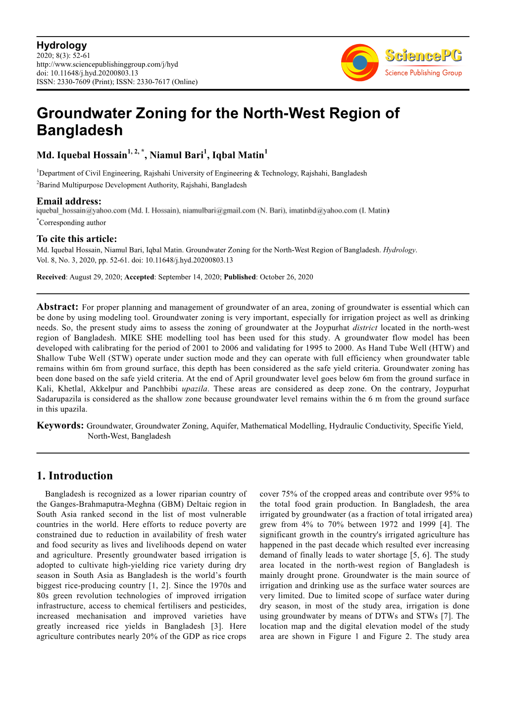 Groundwater Zoning for the North-West Region of Bangladesh