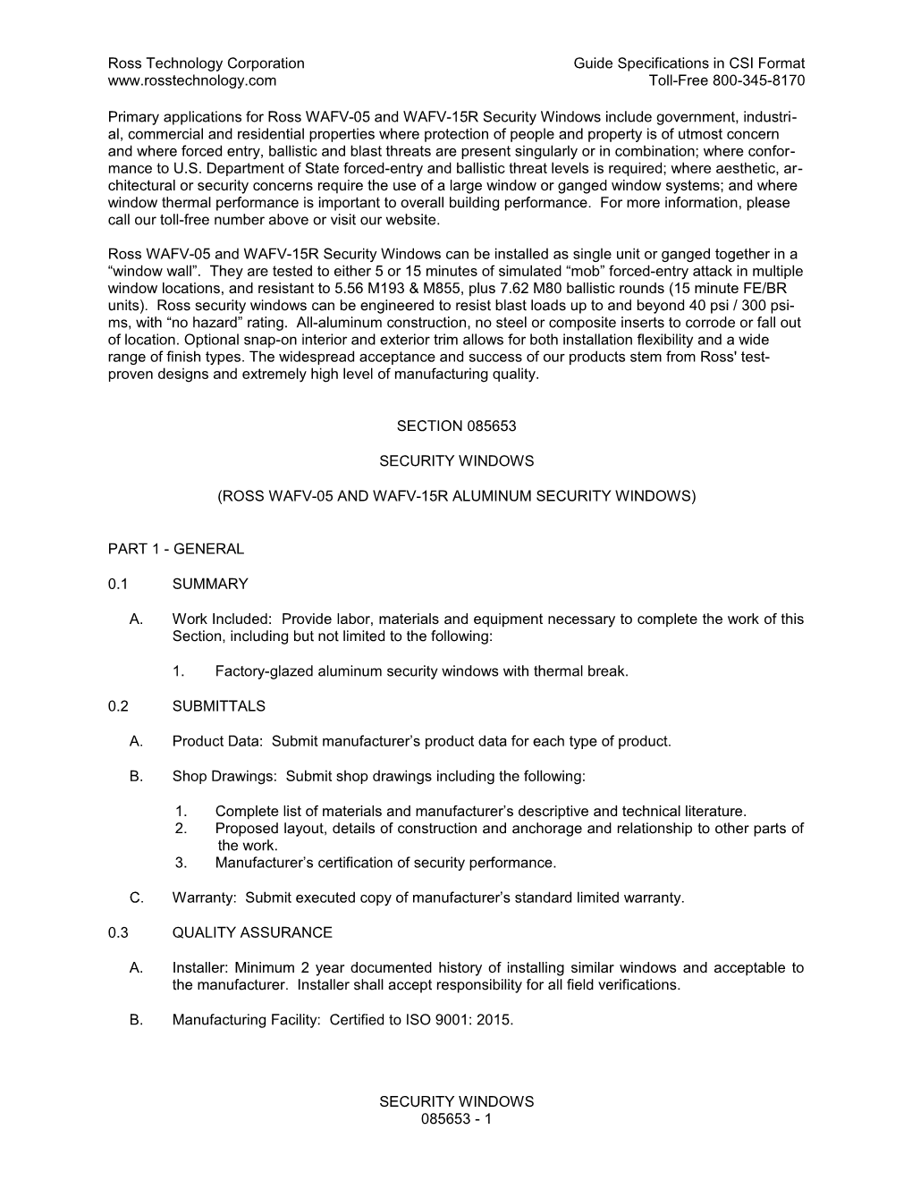 Ross Technology Corporation Guide Specifications in CSI Format s1