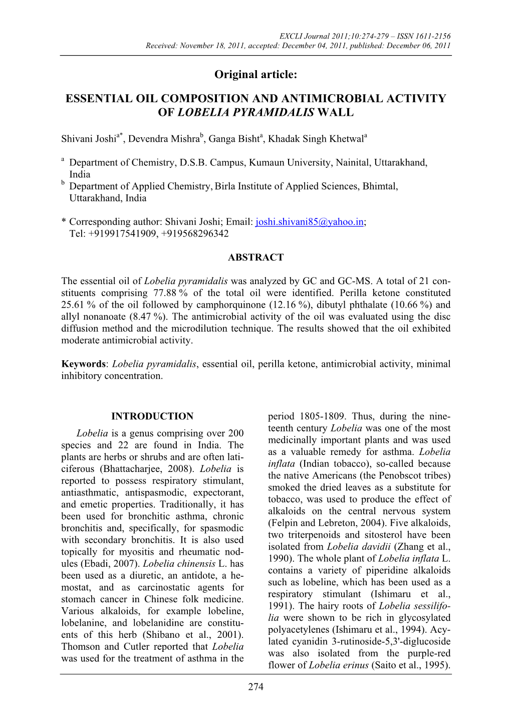 Essential Oil Composition and Antimicrobial Activity of Lobelia Pyramidalis Wall