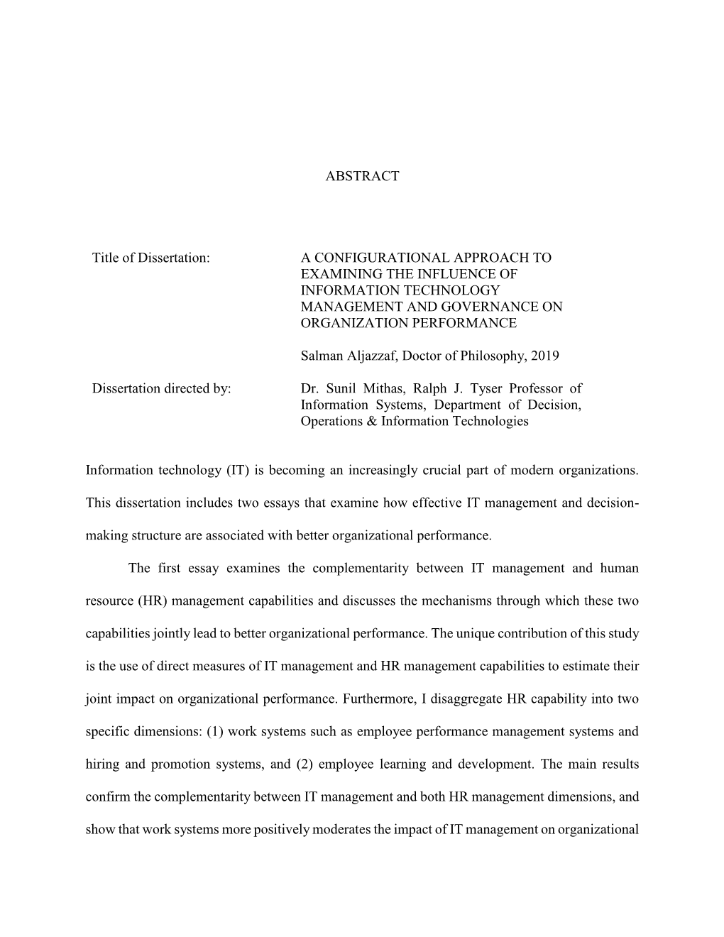 A Configurational Approach to Examining the Influence of Information Technology Management and Governance on Organization Performance