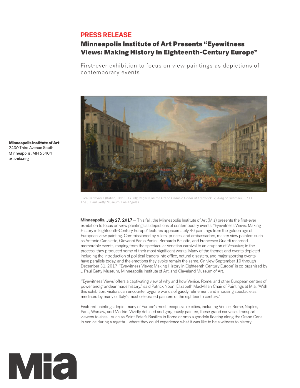 Minneapolis Institute of Art Presents “Eyewitness Views: Making History in Eighteenth-Century Europe”